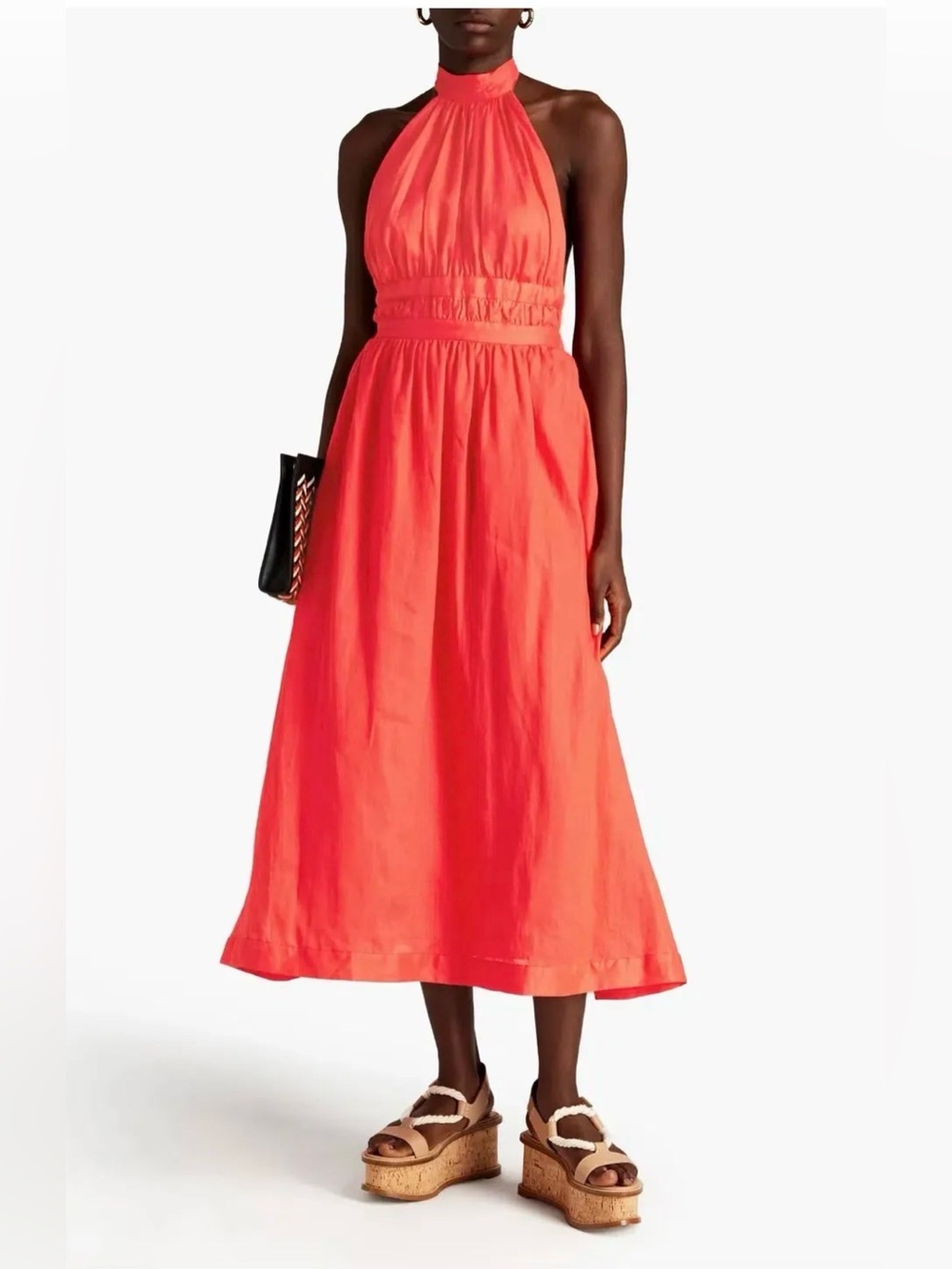 Zimmermann Shelly Pleated Linen-canvas Halterneck Midi Dress In Papaya Size 3